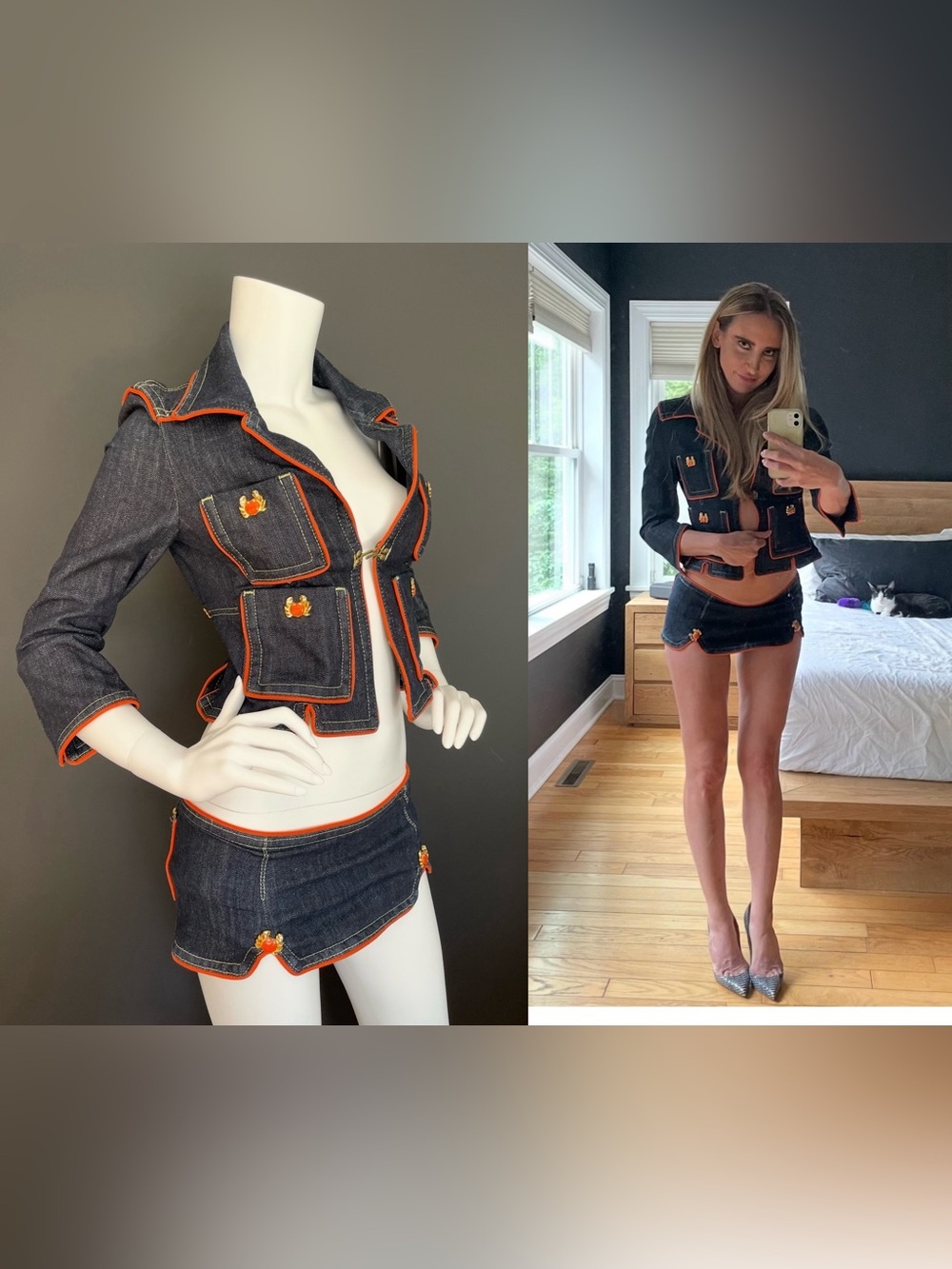 DSQUARED2 2005 Vintage Denim & Orange Piping Jacket & Micro Mini Skirt 42IT
